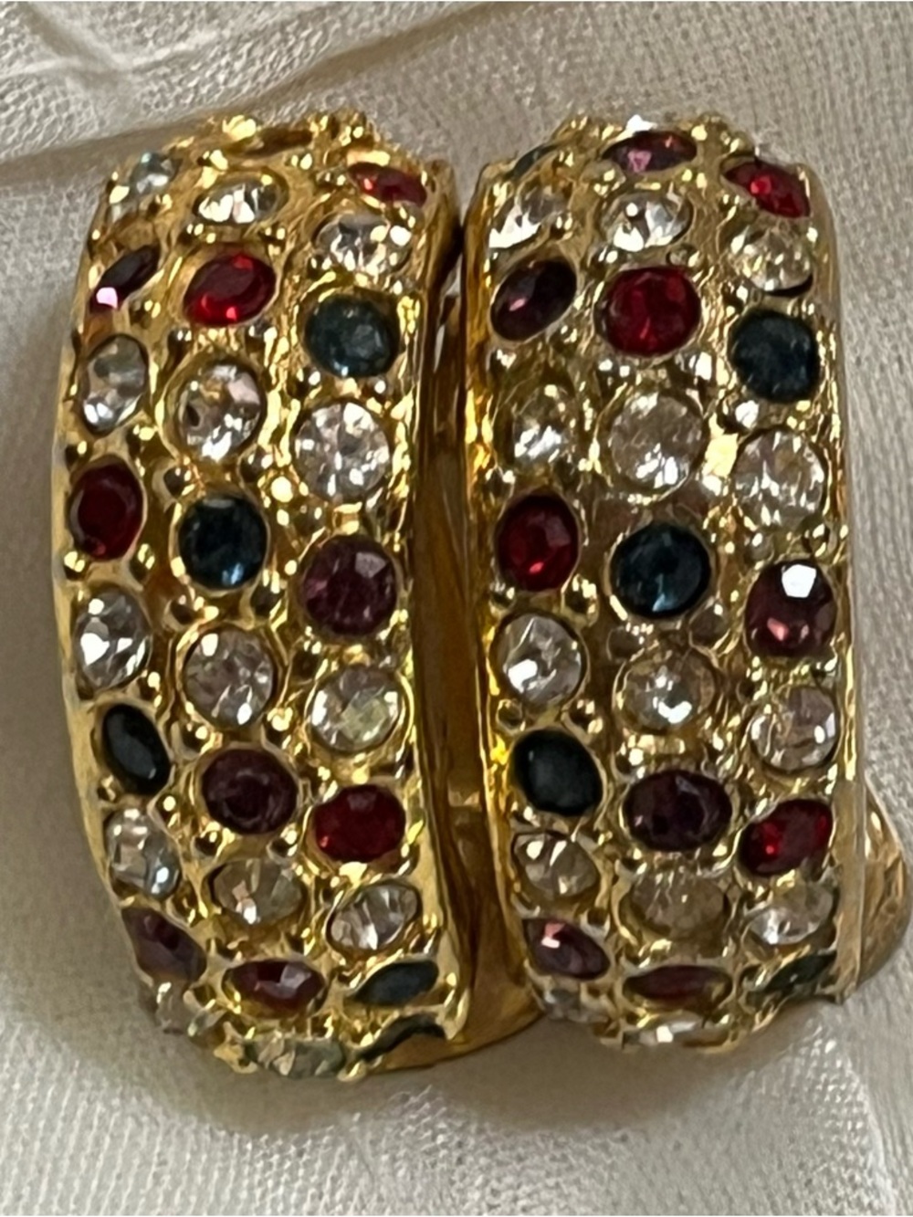 Vintage Gold-Tone Hoop Earrings, Clip On with Beautiful Crystal Stones